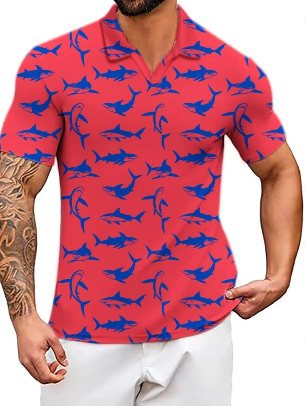 Waggle Men’s Pink with Bold Blue Shark Sz L Short Sleeve Sea Fishing Polo Shirt - Picture 2 of 9